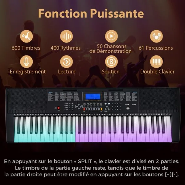 Clavier Electronique à 61 Touches Support et Tabouret Ensemble Complet de Piano Numérique 600 Timbres 400 Rythmes 50 Démonstrations