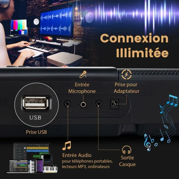 Clavier Electronique à 61 Touches Support et Tabouret Ensemble Complet de Piano Numérique 600 Timbres 400 Rythmes 50 Démonstrations