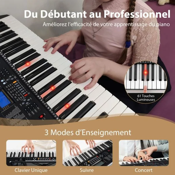 Clavier Electronique à 61 Touches Support et Tabouret Ensemble Complet de Piano Numérique 600 Timbres 400 Rythmes 50 Démonstrations