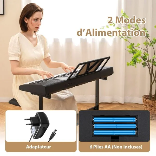 Clavier Electronique à 61 Touches Support et Tabouret Ensemble Complet de Piano Numérique 600 Timbres 400 Rythmes 50 Démonstrations
