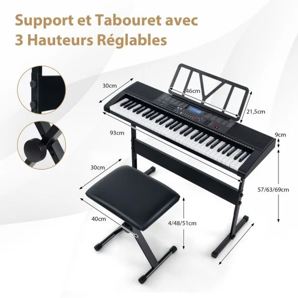 Clavier Electronique à 61 Touches Support et Tabouret Ensemble Complet de Piano Numérique 600 Timbres 400 Rythmes 50 Démonstrations