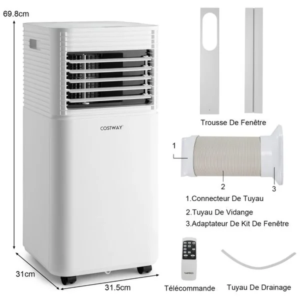 Climatiseur Mobile 4 en 1 Refroidissement Déshumidification Ventilateur 7000BTU 2 Vitesses