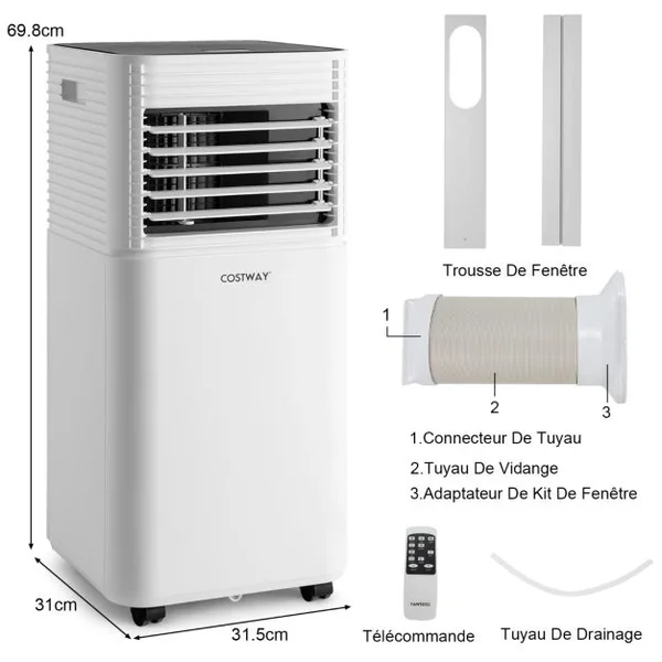 Climatiseur Mobile 4 en 1 Refroidissement Déshumidification Ventilateur 9000BTU 2 Vitesses Mode Veille Minuterie 24 h Blanc