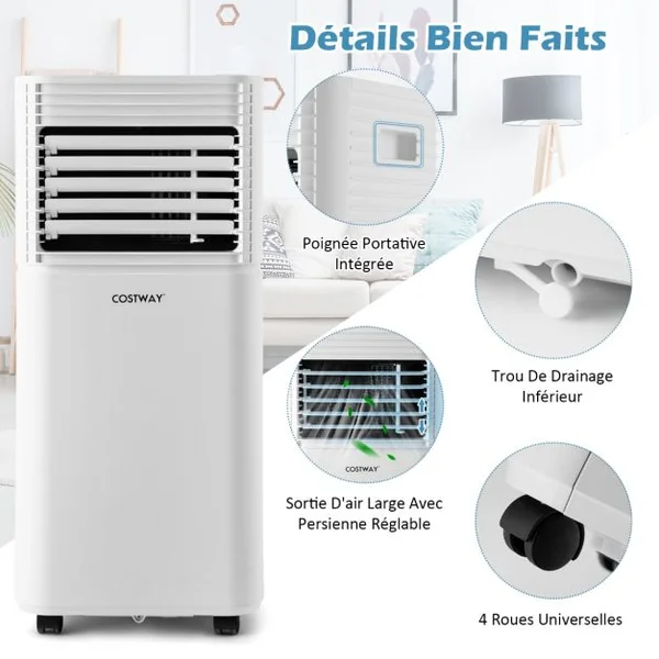 Climatiseur Mobile 4 en 1 Refroidissement Déshumidification Ventilateur 9000BTU 2 Vitesses Mode Veille Minuterie 24 h Blanc