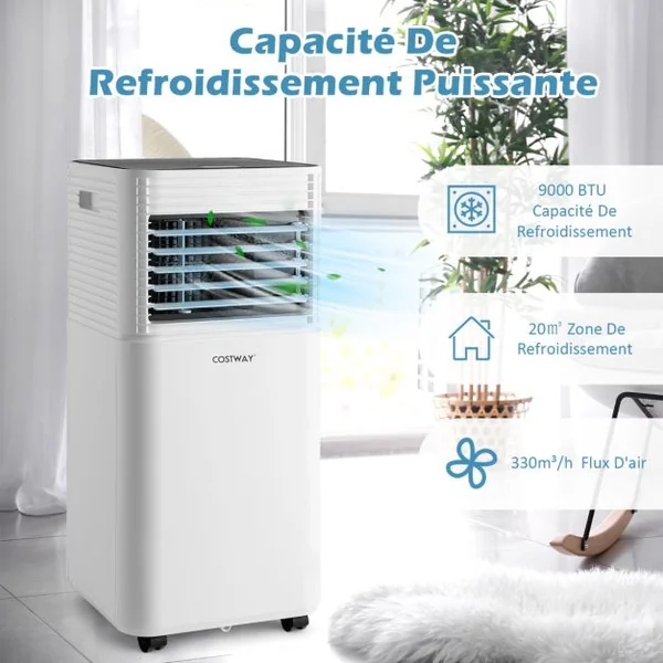 Climatiseur Mobile 4 en 1 Refroidissement Déshumidification Ventilateur 9000BTU 2 Vitesses Mode Veille Minuterie 24 h Blanc