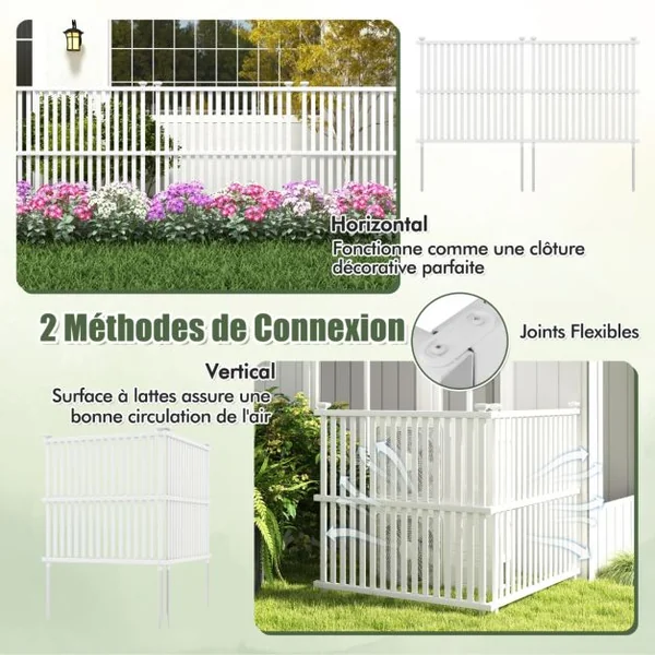 Clôture Privée pour Climatiseur 113 x 114 cm 2 Panneaux de Clôture avec Piquets en Métal pour Poubelle et Equipement de Piscine Blanc