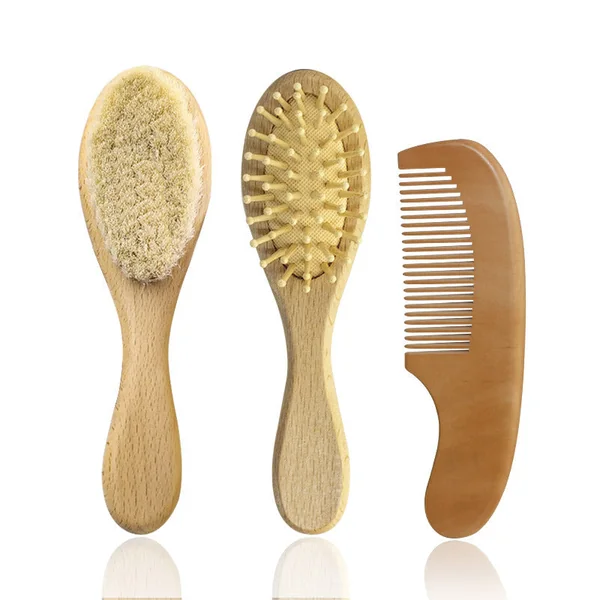 Coffret brosses bébé naturelles | Brosse laine, bambou et peigne bois
