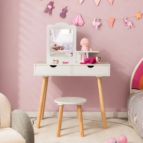 Coiffeuse 2 en 1 Pour Enfants avec Tabouret Mignon Table de Maquillage en Bois pour Enfants avec Miroir et 2 Tiroirs Blanc/Rose/Rose Pâle