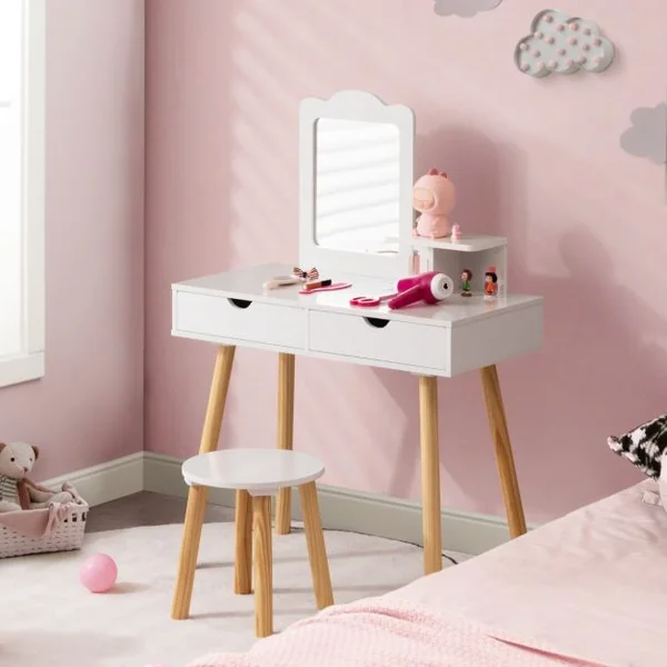 Coiffeuse 2 en 1 Pour Enfants avec Tabouret Mignon Table de Maquillage en Bois pour Enfants avec Miroir et 2 Tiroirs Blanc/Rose/Rose Pâle