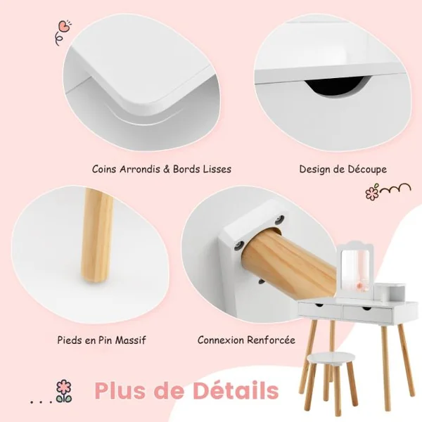 Coiffeuse 2 en 1 Pour Enfants avec Tabouret Mignon Table de Maquillage en Bois pour Enfants avec Miroir et 2 Tiroirs Blanc/Rose/Rose Pâle