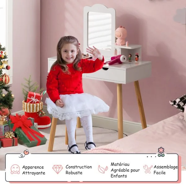 Coiffeuse 2 en 1 Pour Enfants avec Tabouret Mignon Table de Maquillage en Bois pour Enfants avec Miroir et 2 Tiroirs Blanc/Rose/Rose Pâle