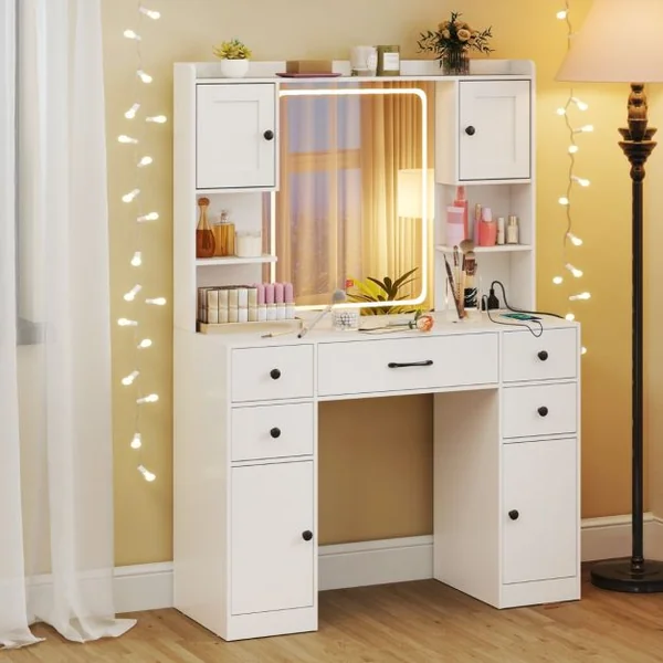 Coiffeuse avec Miroir Eclairé avec Lumières LED à Intensité Variable à 3 Couleurs Coiffeuse avec Station de Charge Etagères Ouvertes Blanc