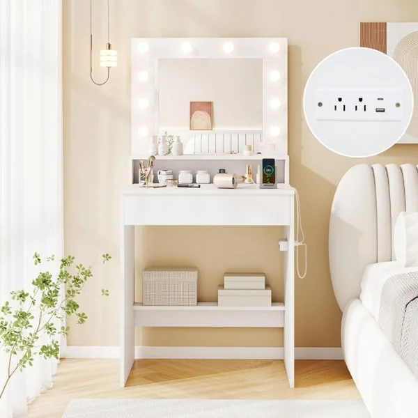 Coiffeuse avec Miroir et Lumières Table de Maquillage avec 3 Modes Lumineux et Luminosité Réglable Blanche