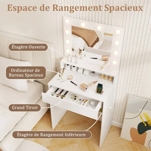 Coiffeuse avec Miroir et Lumières Table de Maquillage avec 3 Modes Lumineux et Luminosité Réglable Blanche