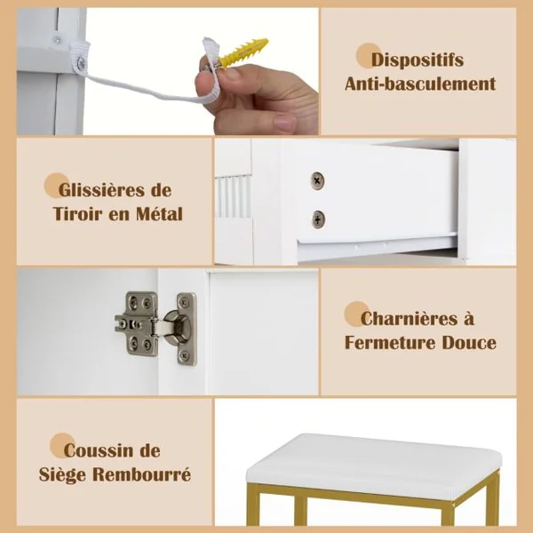 Coiffeuse avec Miroir Éclairé Ensemble de Table de Maquillage et Tabouret avec Station de Charge Lumières LED 3 Couleurs Blanc
