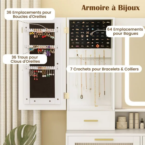 Coiffeuse avec Miroir Éclairé Ensemble de Table de Maquillage et Tabouret avec Station de Charge Lumières LED 3 Couleurs Blanc