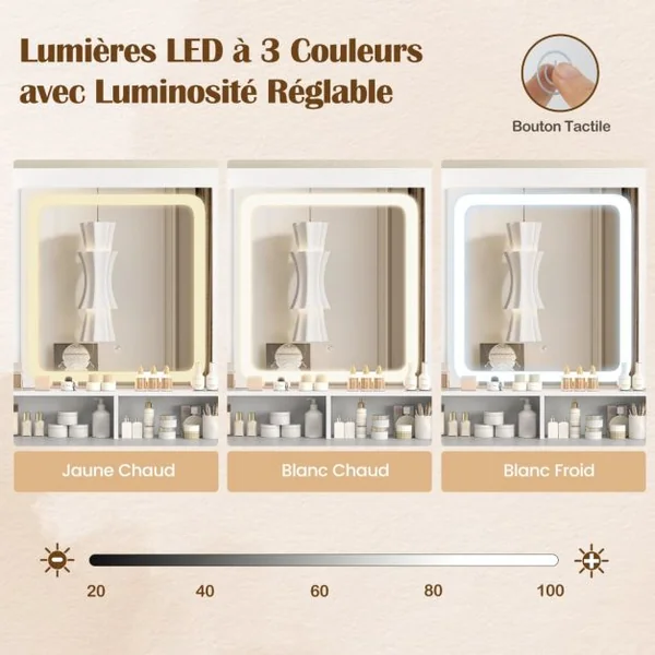 Coiffeuse avec Miroir Éclairé Ensemble de Table de Maquillage et Tabouret avec Station de Charge Lumières LED 3 Couleurs Blanc