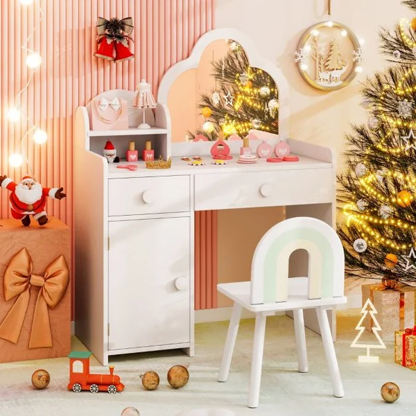 Coiffeuse et de Chaise pour Enfants Ensemble de Coiffeuse avec Miroir en Forme de Nuage Etagère Ouverte Tiroirs pour 3-7 Ans Blanc