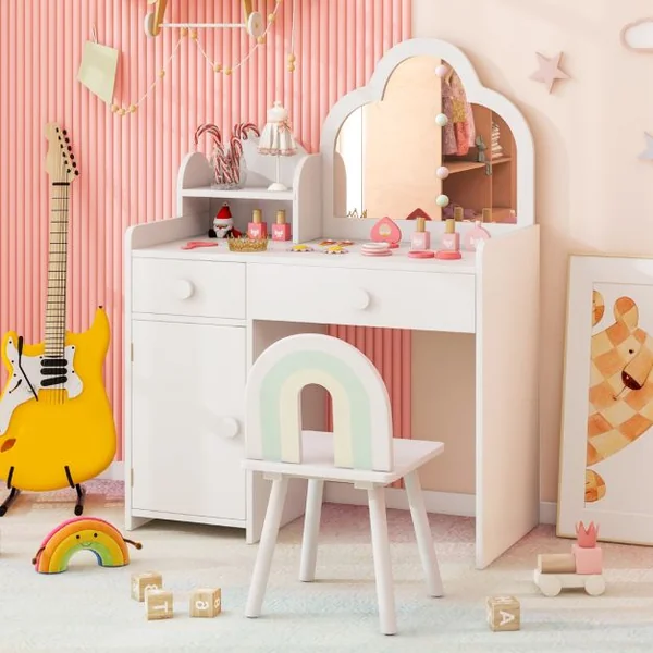 Coiffeuse et de Chaise pour Enfants Ensemble de Coiffeuse avec Miroir en Forme de Nuage Etagère Ouverte Tiroirs pour 3-7 Ans Blanc