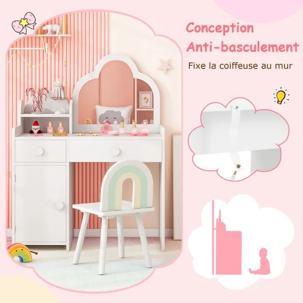Coiffeuse et de Chaise pour Enfants Ensemble de Coiffeuse avec Miroir en Forme de Nuage Etagère Ouverte Tiroirs pour 3-7 Ans Blanc