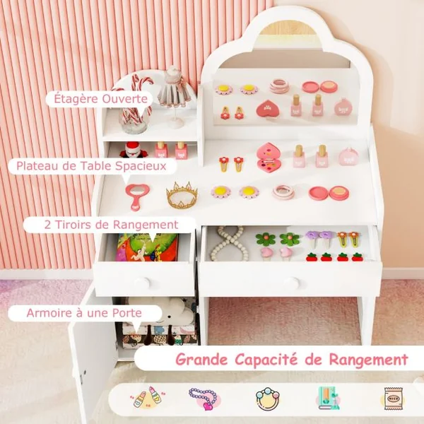 Coiffeuse et de Chaise pour Enfants Ensemble de Coiffeuse avec Miroir en Forme de Nuage Etagère Ouverte Tiroirs pour 3-7 Ans Blanc