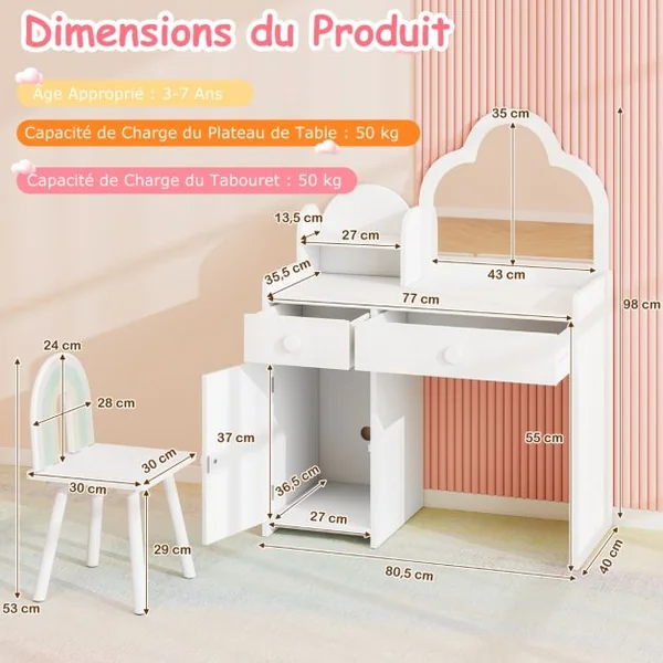 Coiffeuse et de Chaise pour Enfants Ensemble de Coiffeuse avec Miroir en Forme de Nuage Etagère Ouverte Tiroirs pour 3-7 Ans Blanc