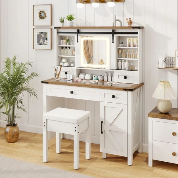 Coiffeuse et Tabouret avec Lumières et Miroir Coulissant Lumières LED à Intensité Variable à 3 Couleurs Armoire Latérale Tiroirs Blanc