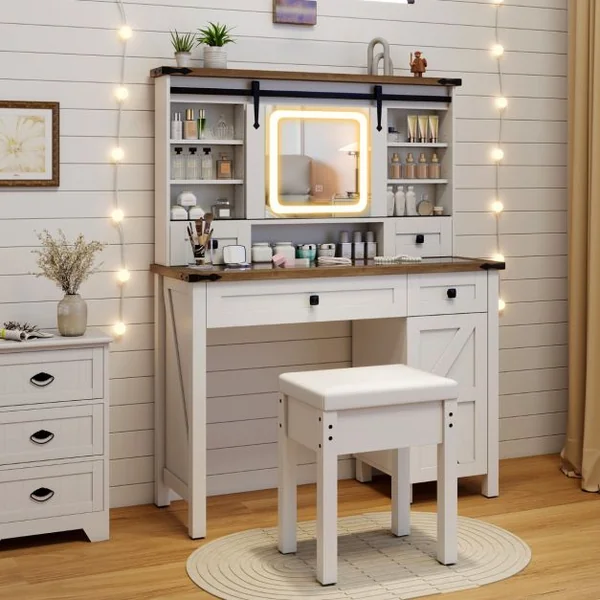 Coiffeuse et Tabouret avec Lumières et Miroir Coulissant Lumières LED à Intensité Variable à 3 Couleurs Armoire Latérale Tiroirs Blanc