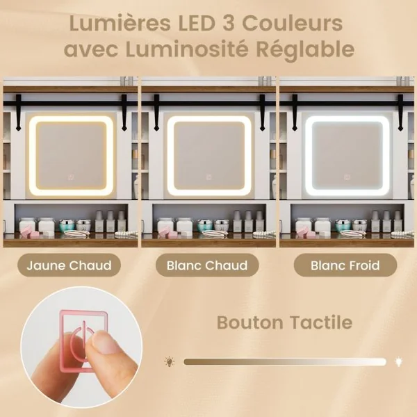Coiffeuse et Tabouret avec Lumières et Miroir Coulissant Lumières LED à Intensité Variable à 3 Couleurs Armoire Latérale Tiroirs Blanc