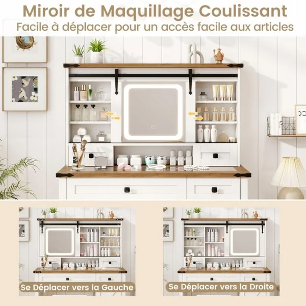 Coiffeuse et Tabouret avec Lumières et Miroir Coulissant Lumières LED à Intensité Variable à 3 Couleurs Armoire Latérale Tiroirs Blanc