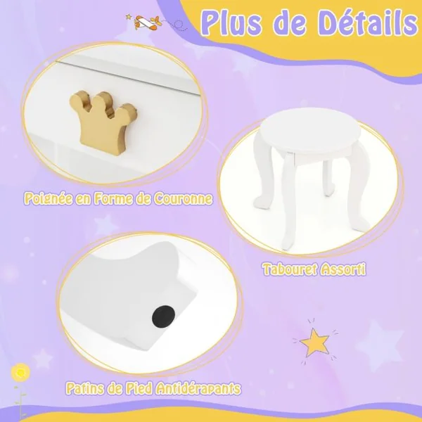 Coiffeuse pour Enfants avec Miroir Eclairé Ensemble de Table et Tabouret Miroir Pliable en 3 Parties Luminosité Réglable pour 3-7 Ans Rose/Blanc/Violet