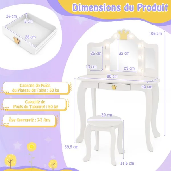 Coiffeuse pour Enfants avec Miroir Eclairé Ensemble de Table et Tabouret Miroir Pliable en 3 Parties Luminosité Réglable pour 3-7 Ans Rose/Blanc/Violet