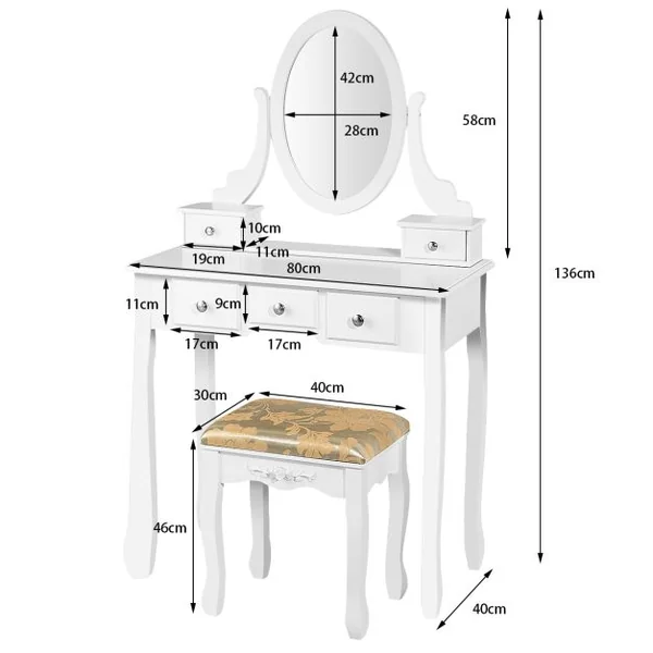Coiffeuse Table de Maquillage avec Miroir Ovale Pivotant à 360° 5 Tiroirs Finition Peinte et Tabouret Rembourré Noir