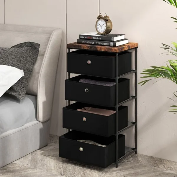 Commode 4 Tiroirs en Tissu Commode Chambre avec Cadre en Métal et Plateau Commode Haute pour Chambre Adulte/Enfant 42 x 33,5 x 84,5cm Gris/Marron/Noir