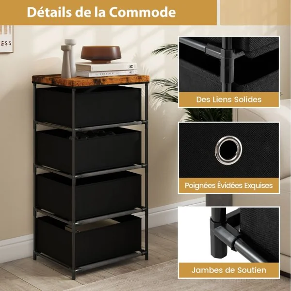 Commode 4 Tiroirs en Tissu Commode Chambre avec Cadre en Métal et Plateau Commode Haute pour Chambre Adulte/Enfant 42 x 33,5 x 84,5cm Gris/Marron/Noir