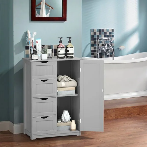 Commode Armoire de Rangement avec 4 Tiroirs et 1 porte étagères réglables en MDF robuste et stable 56x30x82cm Blanc