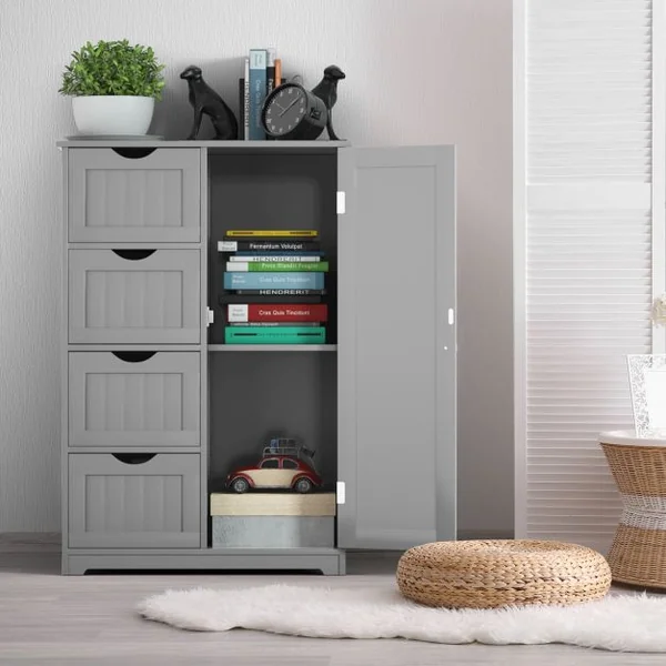 Commode Armoire de Rangement avec 4 Tiroirs et 1 porte étagères réglables en MDF robuste et stable 56x30x82cm Blanc
