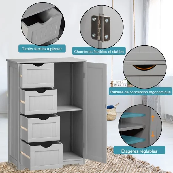 Commode Armoire de Rangement avec 4 Tiroirs et 1 porte étagères réglables en MDF robuste et stable 56x30x82cm Blanc