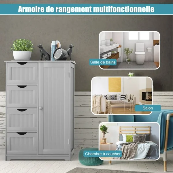 Commode Armoire de Rangement avec 4 Tiroirs et 1 porte étagères réglables en MDF robuste et stable 56x30x82cm Blanc