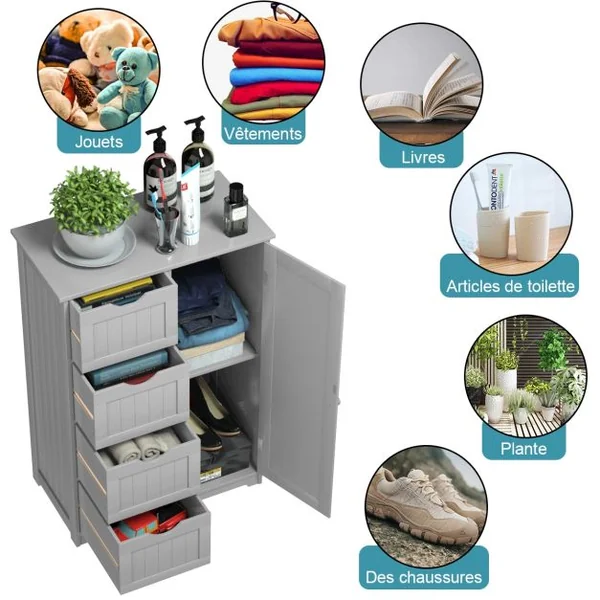 Commode Armoire de Rangement avec 4 Tiroirs et 1 porte étagères réglables en MDF robuste et stable 56x30x82cm Blanc