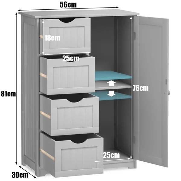 Commode Armoire de Rangement avec 4 Tiroirs et 1 porte étagères réglables en MDF robuste et stable 56x30x82cm Blanc