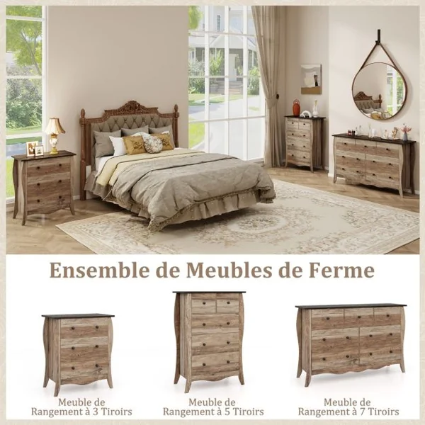 Commode pour Chambre de 76,5 cm Commode Rustique Meuble de Rangement avec 3 Tiroirs en Tissu Pliables et Kit Anti-basculement Gris