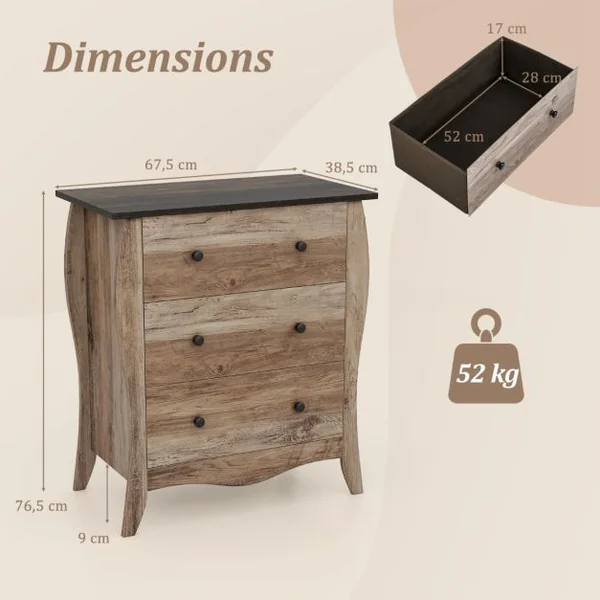 Commode pour Chambre de 76,5 cm Commode Rustique Meuble de Rangement avec 3 Tiroirs en Tissu Pliables et Kit Anti-basculement Gris