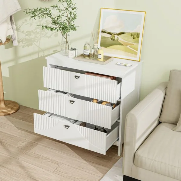 Commode à 3 Tiroirs de Style Moderne Armoire de Rangement avec Kit Anti-basculement Table d'Appoint avec Rangement Blanc