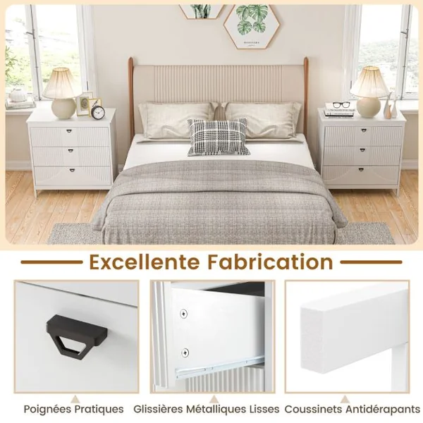 Commode à 3 Tiroirs de Style Moderne Armoire de Rangement avec Kit Anti-basculement Table d'Appoint avec Rangement Blanc