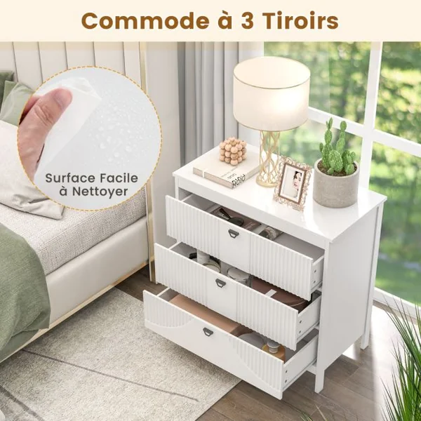 Commode à 3 Tiroirs de Style Moderne Armoire de Rangement avec Kit Anti-basculement Table d'Appoint avec Rangement Blanc