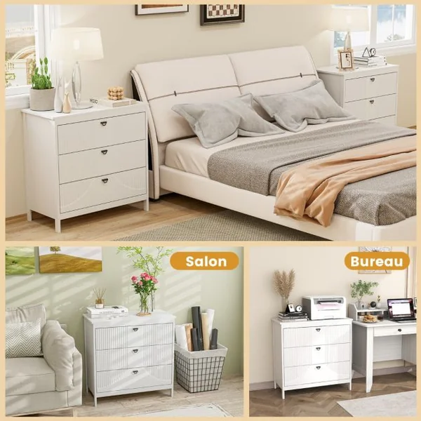 Commode à 3 Tiroirs de Style Moderne Armoire de Rangement avec Kit Anti-basculement Table d'Appoint avec Rangement Blanc