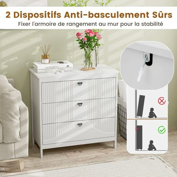 Commode à 3 Tiroirs de Style Moderne Armoire de Rangement avec Kit Anti-basculement Table d'Appoint avec Rangement Blanc