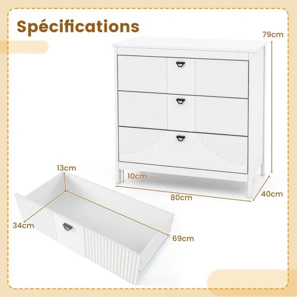 Commode à 3 Tiroirs de Style Moderne Armoire de Rangement avec Kit Anti-basculement Table d'Appoint avec Rangement Blanc