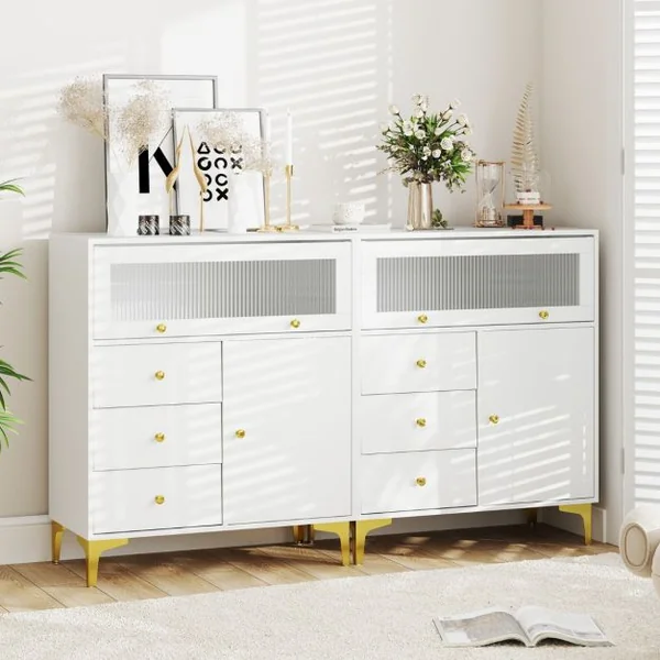 Commode à Coucher Armoire de Rangement avec Porte en Verre Strié Basculante et Tiroirs Coulissants Pieds en Métal Blanc